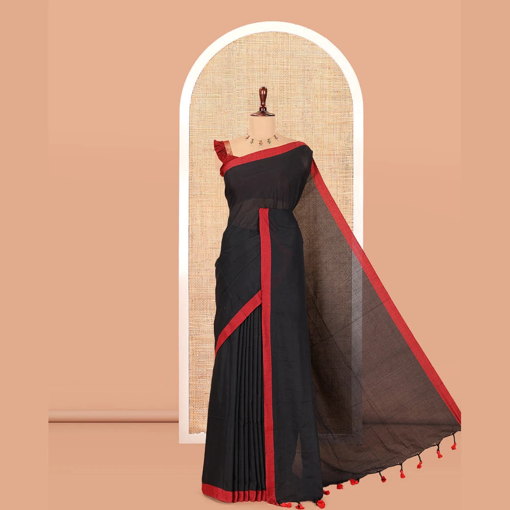 Pothys Black Plain Khadi Cotton Saree, a Contrast Border, a Self-Pallu, and No Blouse